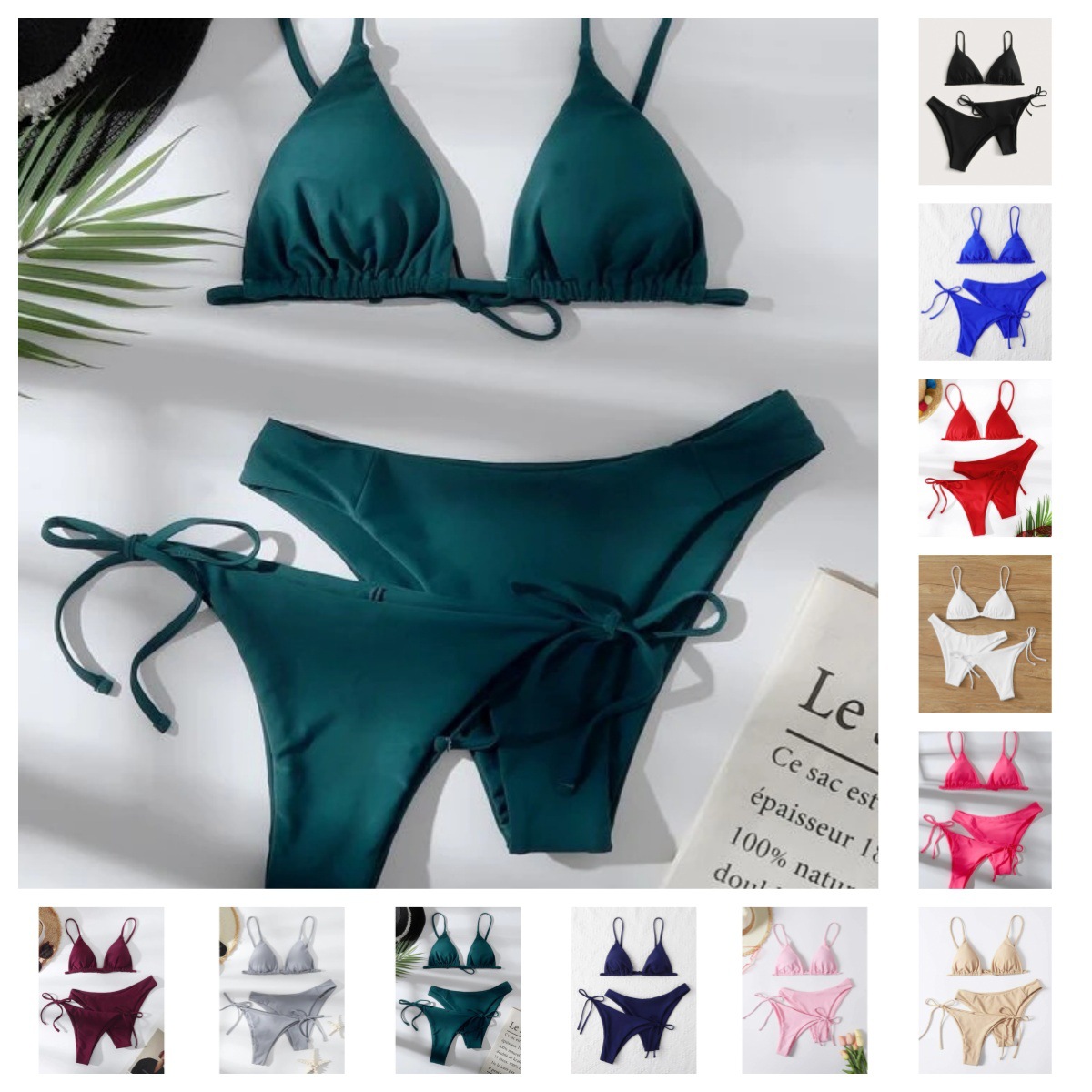 Amazon's Best-Selling Bikini Swimsuit Multi-Color Solid Color Sexy Lace-Up Bikini Bikini Swimsuit Three-Piece Set