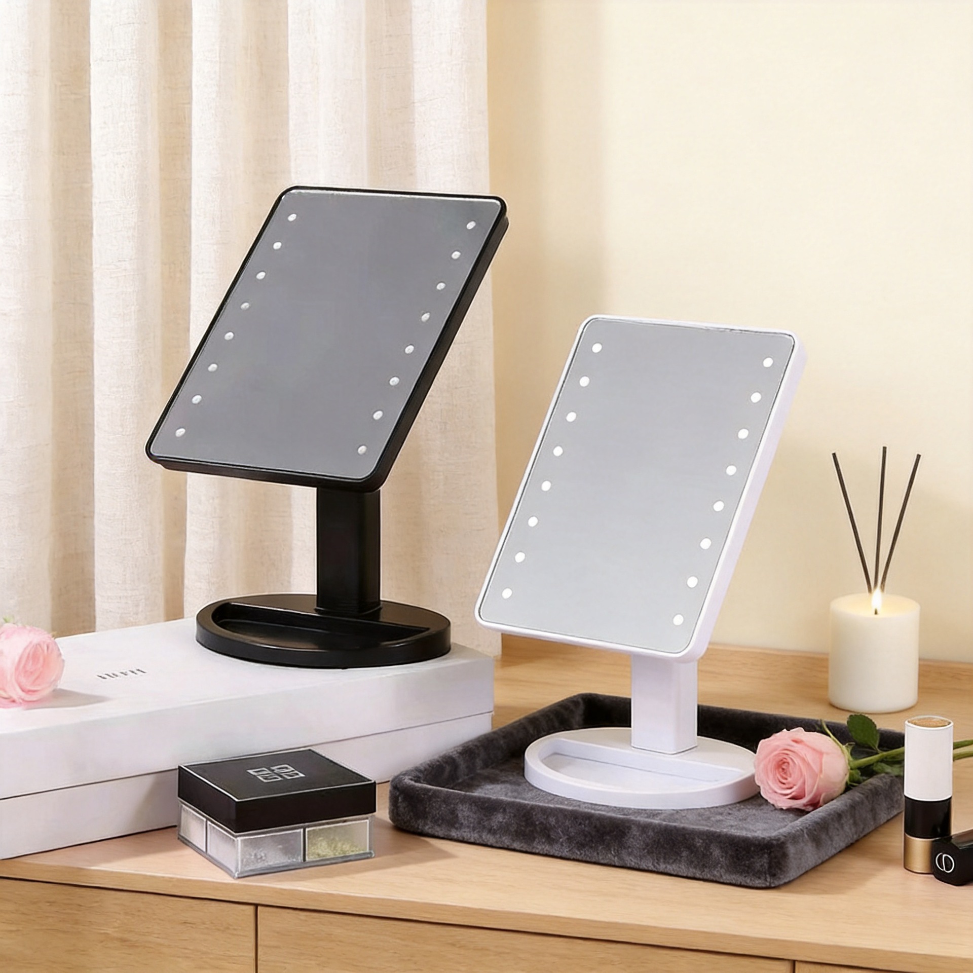 Espejo de maquillaje con luz LED de tres colores, plegable con base, espejo de tocador de escritorio, espejo de tocador con luz, espejo de princesa.