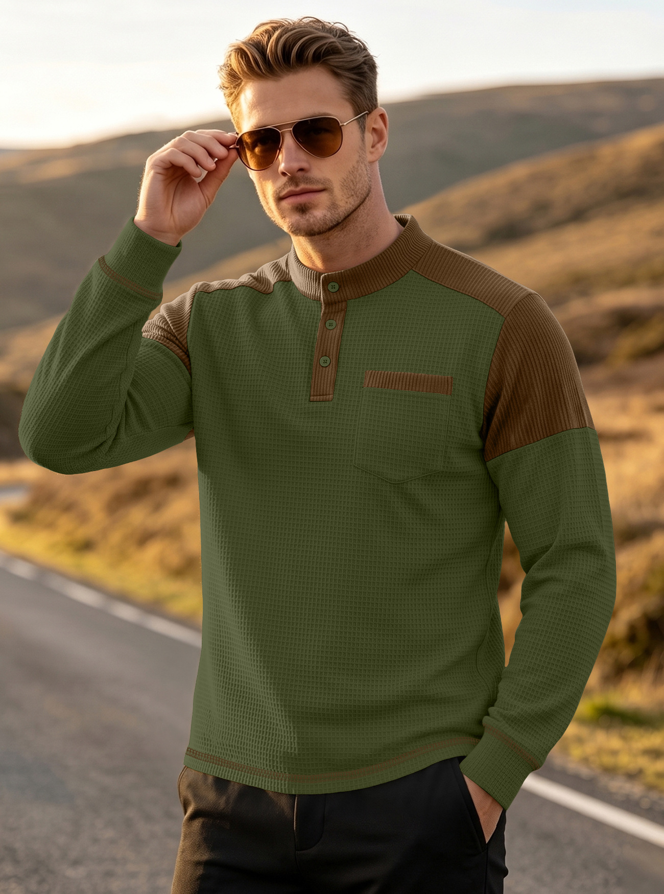 Hombre transfronterizo waffler camisa de manga de hombro de color pincelada Europa y Estados Unidos tk bolsa de cuello grande suéter deportivo de manga larga
