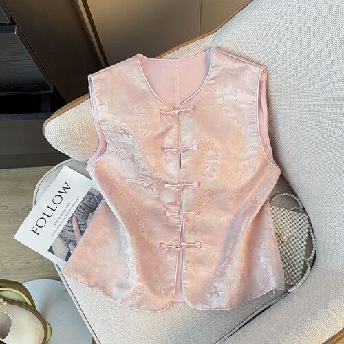 2025 High-End New Chinese Style National Wind Buttoned Lace Sleeveless Vests Women Spring Fashion Loose Tangzhuang Top