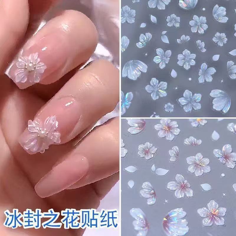 Nail Stickers Popular Ice Flower Embossed Romantic Oil Painting Five-Petal Flower Fresh Simple Cute Nail Patches Ice Transparent Nail Stickers Popular Ice Flower Embossed Romantic Oil Painting Five-Petal Flower Fresh Simple Cute Nail Patches Ice Transparent