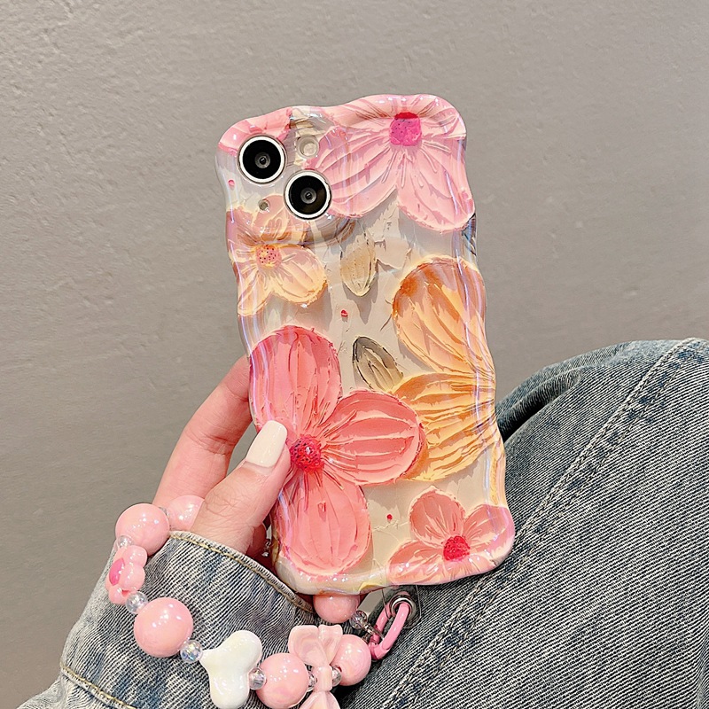 Suitable for high-end blue light oil painting flower iPhone 13 promax phone case Apple 14 women's 12 bracelet 11_voghion.com