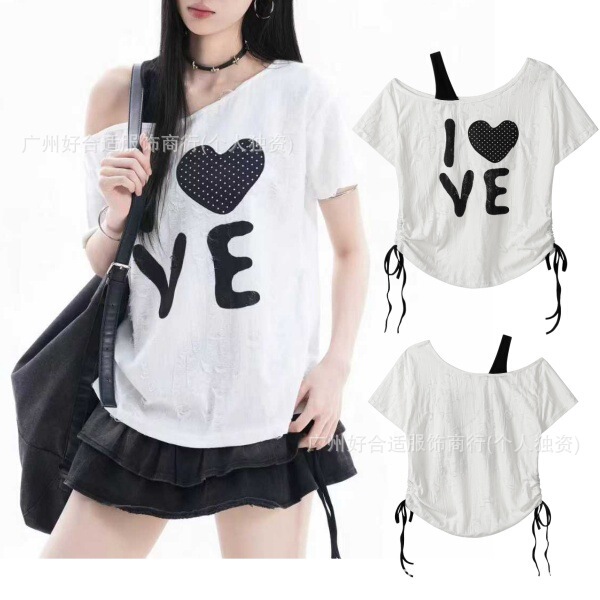 26 Spring Sweet Cool Style One-Shoulder Slimming Hot Girl Top Distressed Short Sleeve T-Shirt