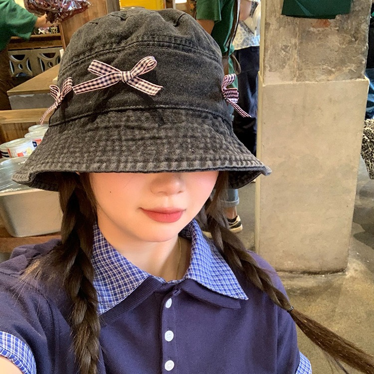 Japón retro arco vaquero sombrero pescador mujer dulce encantador versátil sombrero de bañera de protección solar grande alrededor de la cabeza muestra cara pequeña