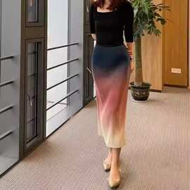 小众渐变褶皱半身裙女2026夏季宽松显瘦百搭气质压皱半裙高腰长裙