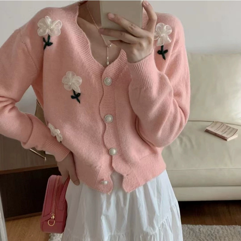Трехмерный вязаный кардиган в Корейском стиле с цветочным рисунком для женщин 2023 осень и зима Новый мягкий клейкий маленький свитер в стиле колледжа для женщин