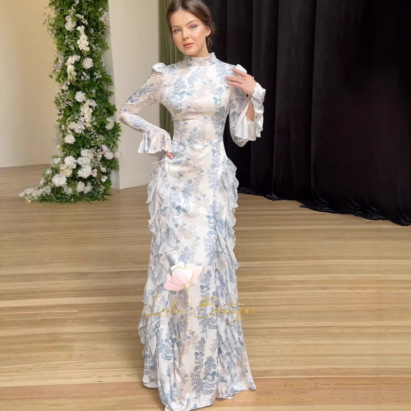 Women's Gentle Style Printed Slim-Fit Amazon Satin Dress Long-Sleeve Long Dress Spring 2025 Tie-Waist European and American Style Other Women's Gentle Style Printed Slim-Fit Amazon Satin Dress Long-Sleeve Long Dress Spring 2025 Tie-Waist European and American Style Other