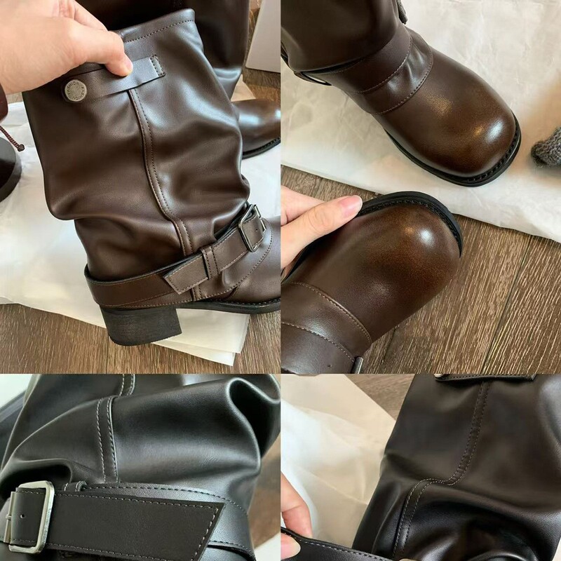牛皮版葡萄妈同款辣妹裤管靴女时髦废土风褶皱扣带西部牛仔靴短靴|undefined