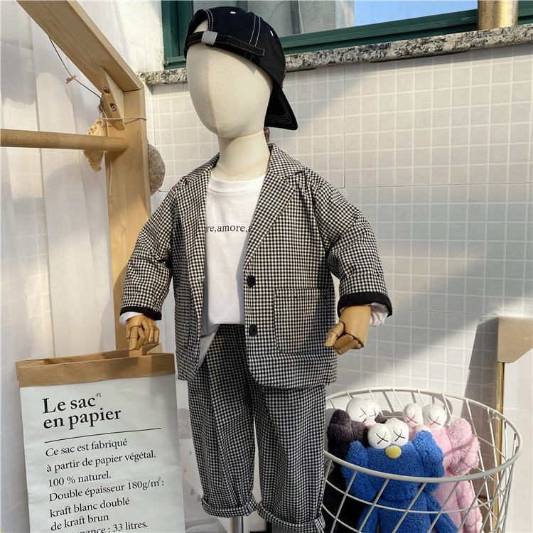 2024 tidig vår Koreansk klädsel Nya barnkläder för pojkar höstrutig kostym, byxor, kostym tvådelat set trendigt_voghion.com