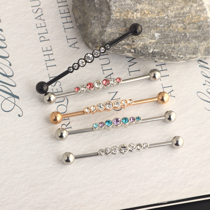 14G External Thread Industrial Barbell Earrings - 7-Drill Zircon Ear Bridge Double Hole Straight Rod for Piercing detail image 8