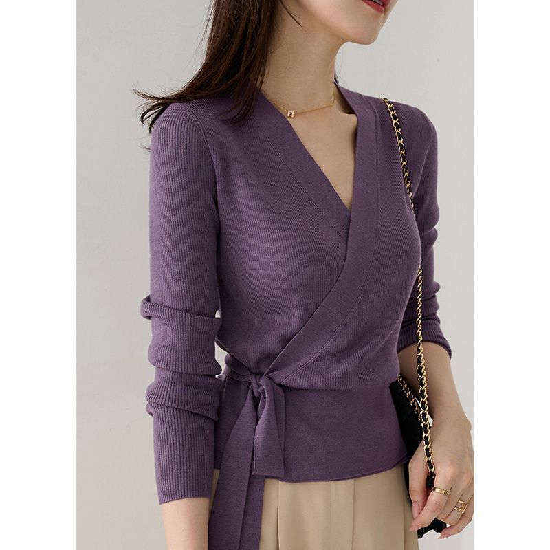 랩 크로스 스트랩 칼라 니트 스웨터 가을과 겨울 새로운 우아한 패션 슬림핏 슬리밍 여성을위한 올매치 베이스 스웨터