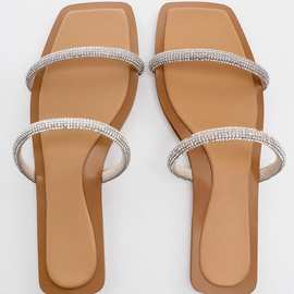 银色水钻一字带拖鞋平底凉鞋女夏款气质外穿百搭拖鞋度假凉拖