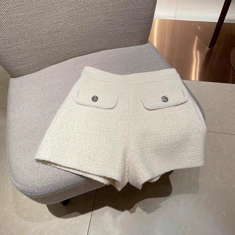 ウールスモールフレグランススタイルショーツレディース2025秋冬ハイウエストワイドレッグパンツホワイトスパンコールツイードカジュアルショーツ