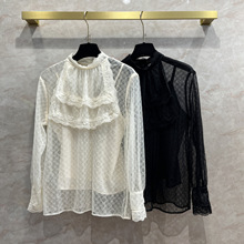 精致优雅宫廷风蕾丝镂空上衣女神欧洲站黑白纯色两件套小立领衬衫