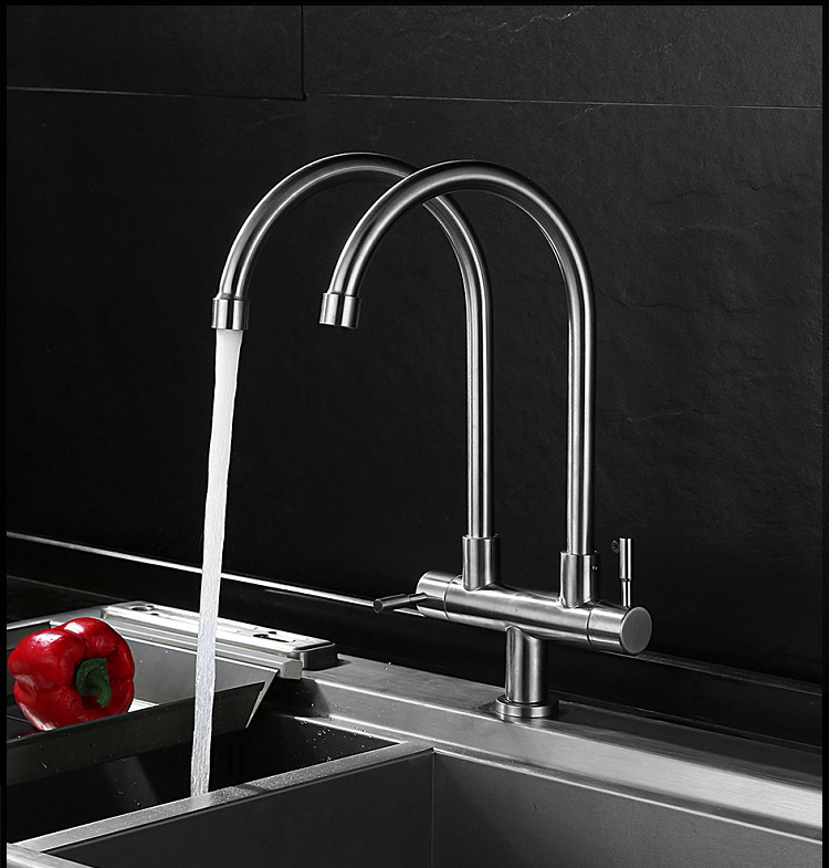 SUS304 stainless steel kitchen sink faucet, single cooling, double pipe, double handle, universal rotating kitchen sink, double outlet faucet undefined