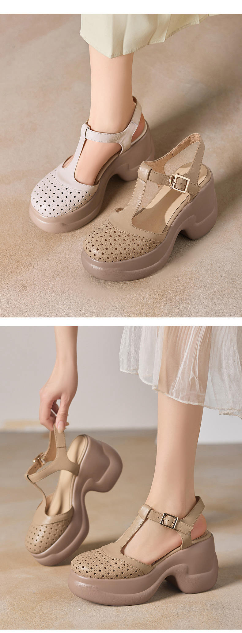 Sandal cao gót nữ quai ngang khóa T, đế dày 9.5 cm, gót thô — màu trắng ngà chi tiết 3