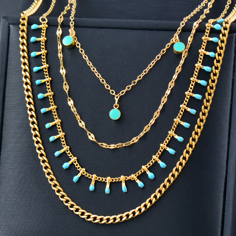 Fashion Round Titanium Steel Inlay Turquoise Layered Necklaces 1 Piece