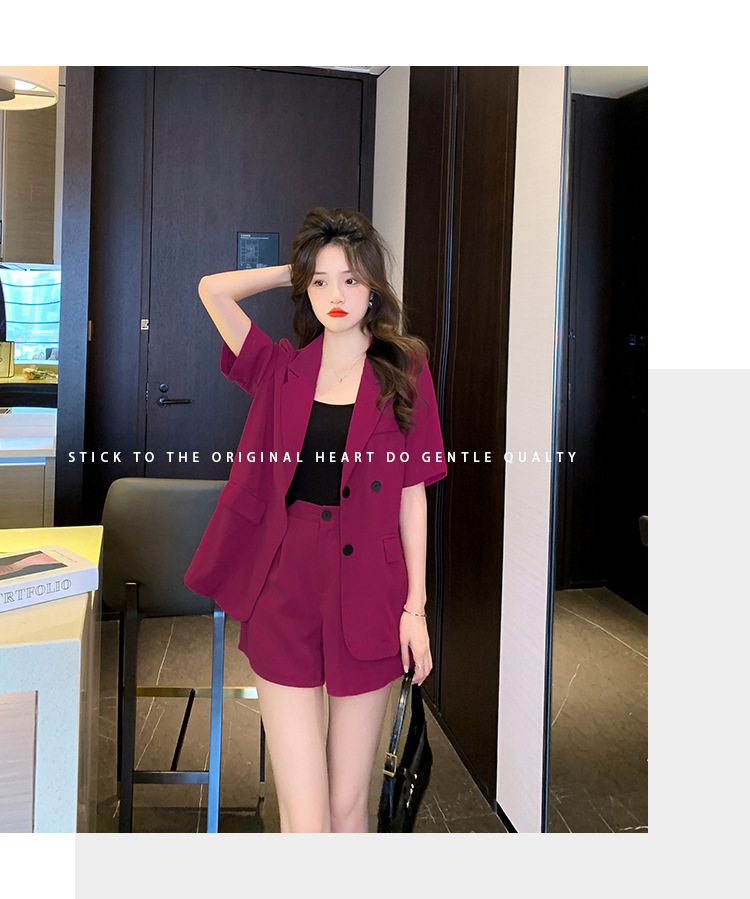 【中国直邮】HEY+JEANS 夏季新款气质短袖西装外套+高腰短裤两件套 玫红色 S