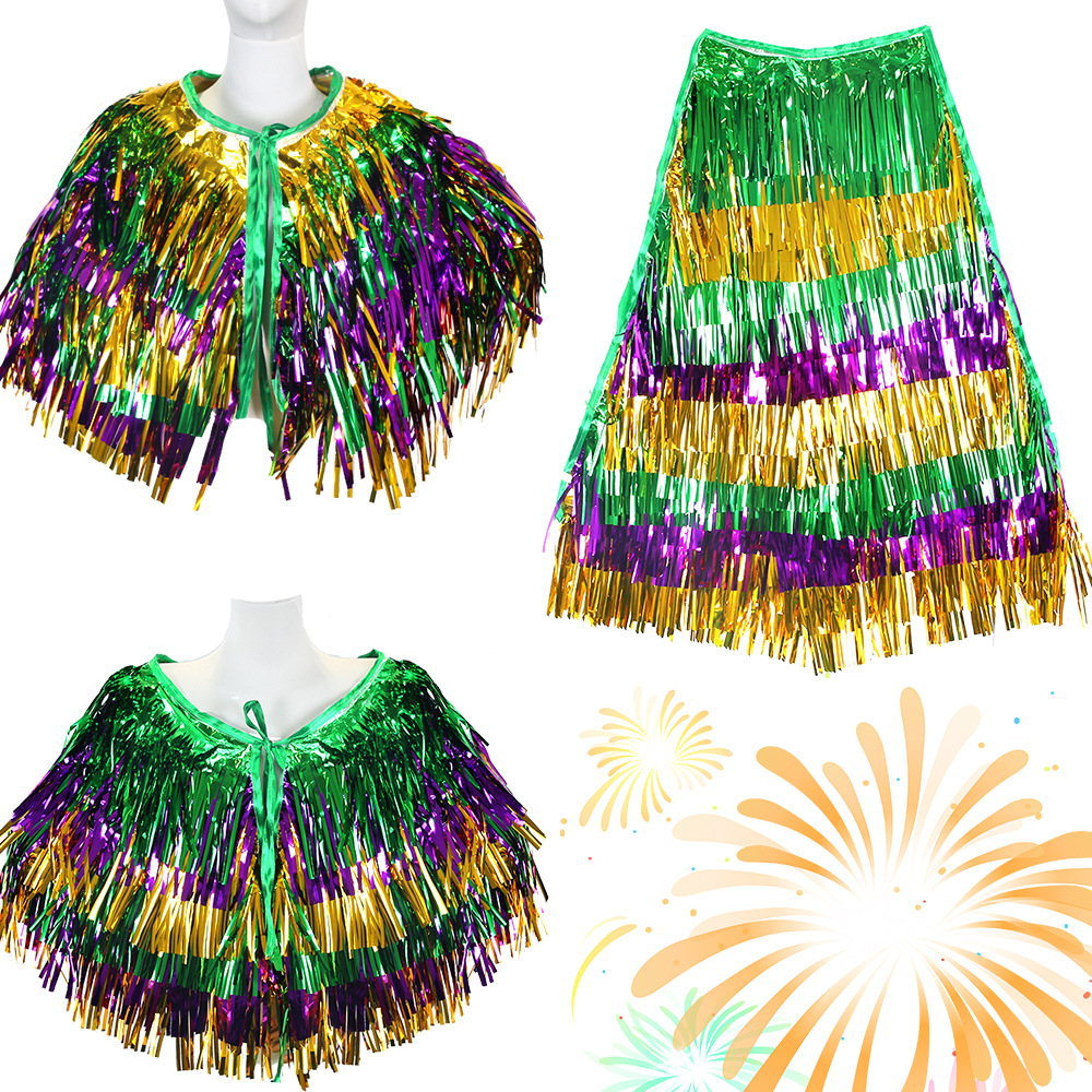 Nuevo carnaval transfronterizo vestido de lluvia festival de baile vestido de espectáculo vestido verde púrpura dorado capa de bordilla