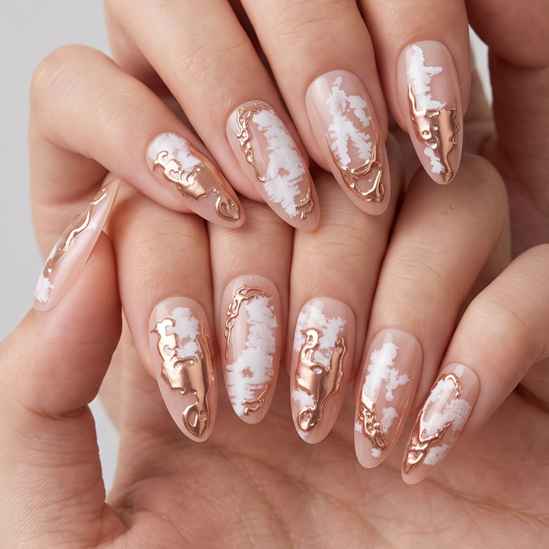 High-Quality Foreign Trade Nail Art Tips, Nude Base Cloud White 3D Rose Gold Press-On Nails, Elegant Gradient Style Fake Nail Tips