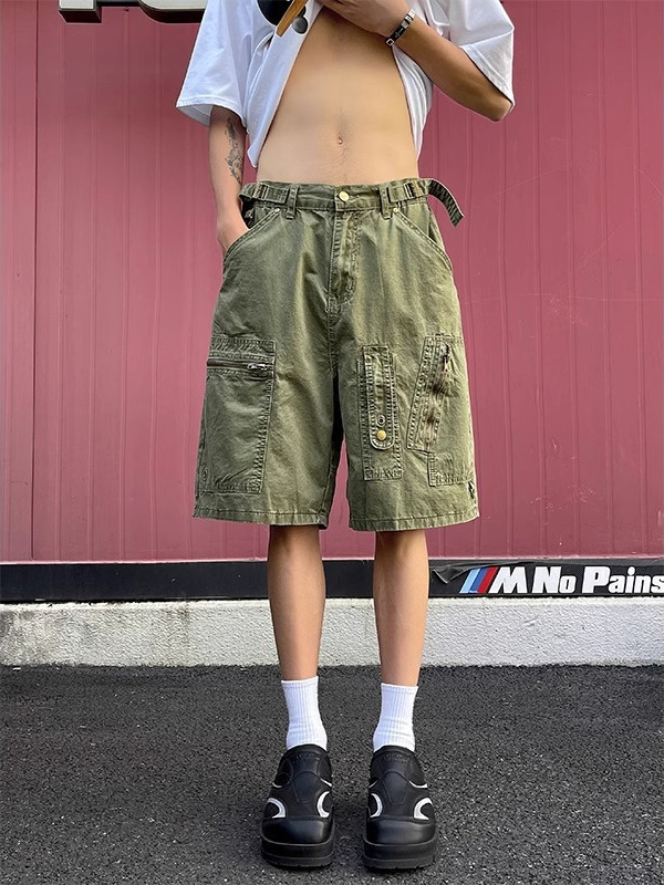 Summer Washed Zipper Multi-Pocket Deconstructed Cargo Shorts for Men, Wide-Leg Loose Five-Point Pants, Distressed Retro Straight-Leg