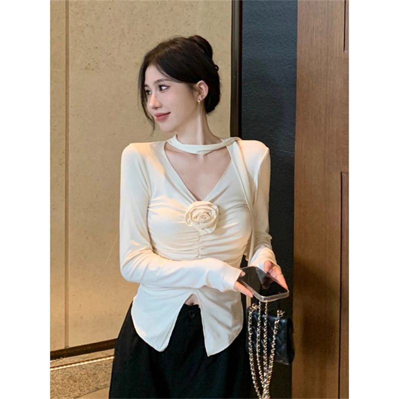 American Style Stitching Pleated Flower V-neck Long-sleeved T-shirt Women's Spring New Sweet and Hot Style Slim-fit Slim-fit Short Top Clothes