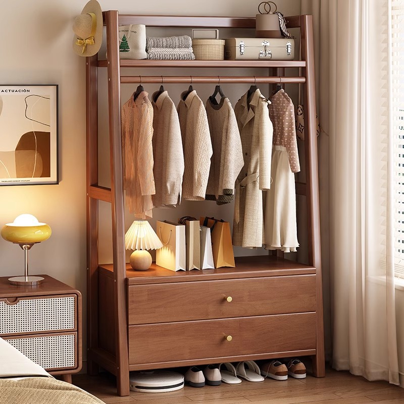 Nordic Solid Wood Coat Rack with Drawer Modern Simple Bedroom Bedside Table Hanger Integrated Household Floor Hanger