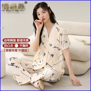 睡缔美家居服女夏短袖长裤针织棉带胸垫免穿文胸睡衣可外穿防突23