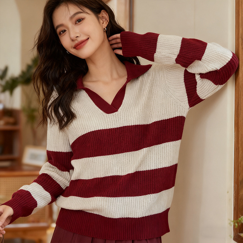 Dalang Sweater Factory Wholesale Autumn and Winter Elegant Lady's Contrast Color Lapel Long Sleeve Striped Knitted Pullover Sweater for Women Dalang Sweater Factory Wholesale Autumn and Winter Elegant Lady's Contrast Color Lapel Long Sleeve Striped Knitted Pullover Sweater for Women