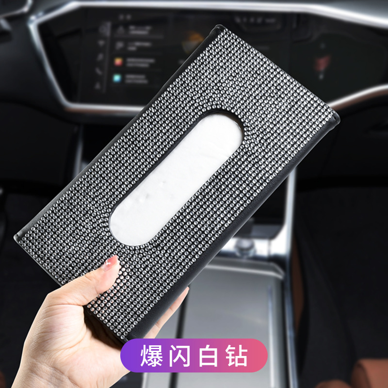 Caja de pañuelos de visera de coche asiento trasero de cuero clip de tejido incrustado de diamantes de imitación de mujer de moda creativa caja de pañuelos de coche image 8