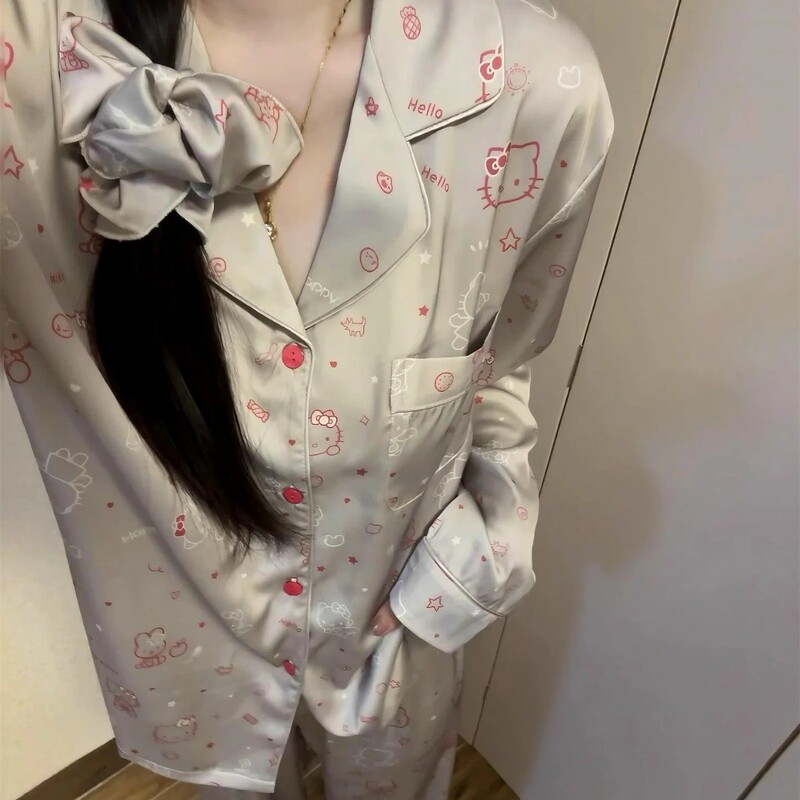 New Autumn Pajamas for Women, High-Quality Ice Silk Set, Cartoon Cute Design, Gift for Girlfriends, Loungewear with Hair Tie