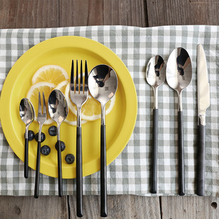 Silver Sable Small Black Handle Knife and Fork Spoon Modern Western Steak Knife and Fork Spoon 304 Stainless Steel Fruit Fork Tableware Set
