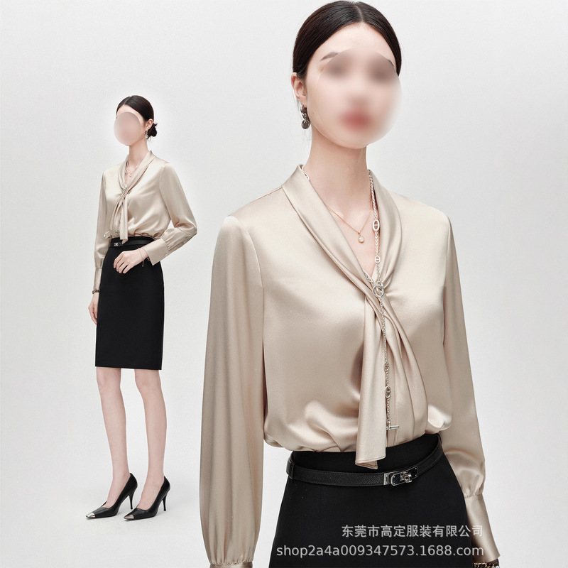 High-End Japanese Acetate Heavy-Duty Long-Sleeve Shirt with Ribbon, Women's Glossy Shirt for Professional Work Attire, Premium Quality High-End Japanese Acetate Heavy-Duty Long-Sleeve Shirt with Ribbon, Women's Glossy Shirt for Professional Work Attire, Premium Quality