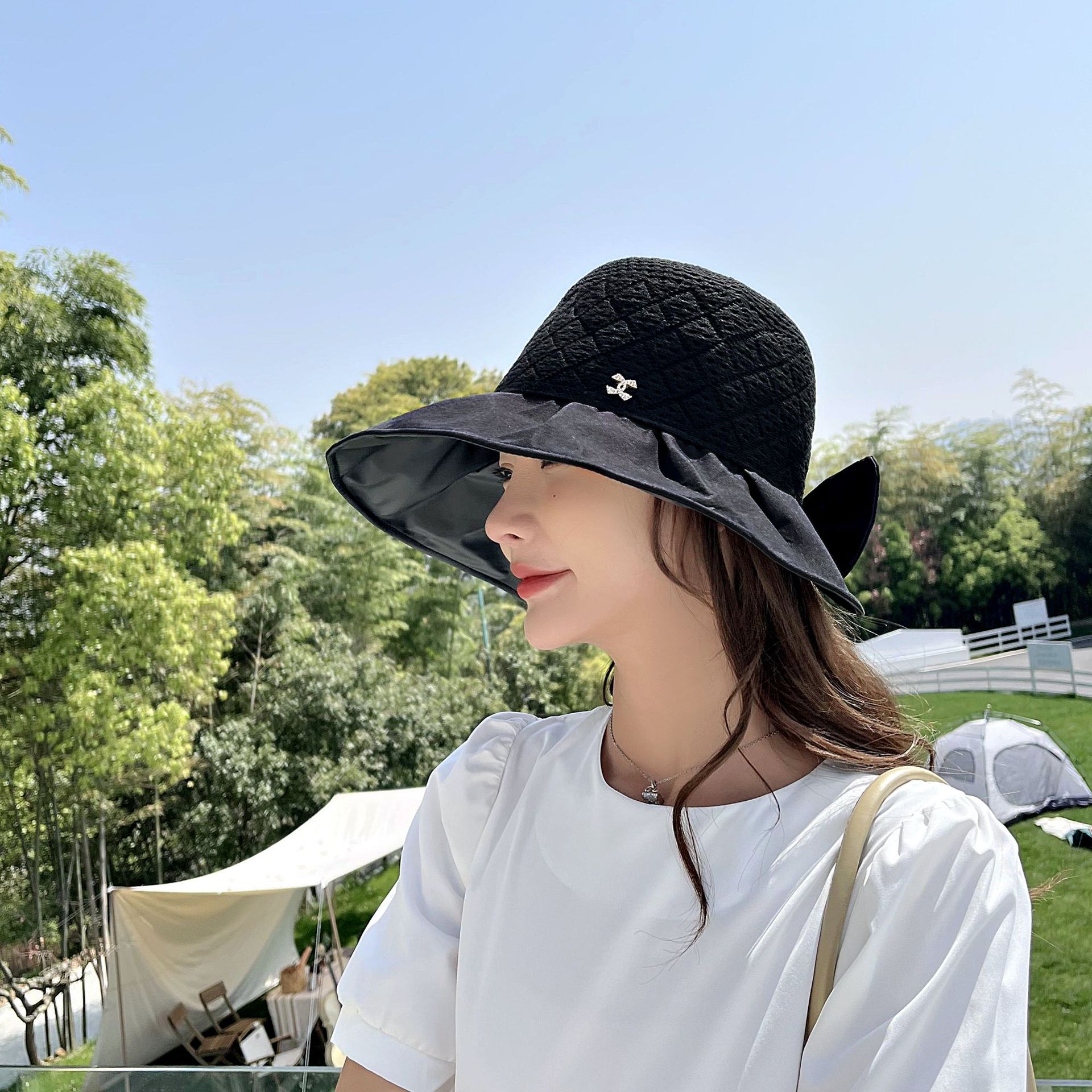 Fashion Sun Protection Block Uv Knit Breathable Vinyl Wide Brim Big Bow Hat display picture 3