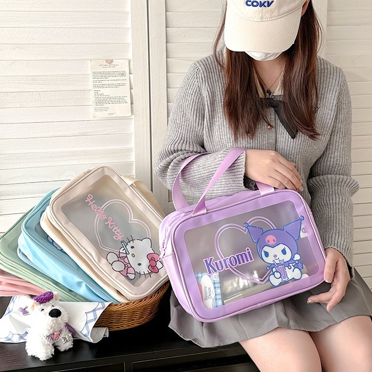 산리오 정품 공인 휴대용 화장품 가방 대용량 투명 건조하고 젖은 별도의 귀여운 만화 학생 핸드백