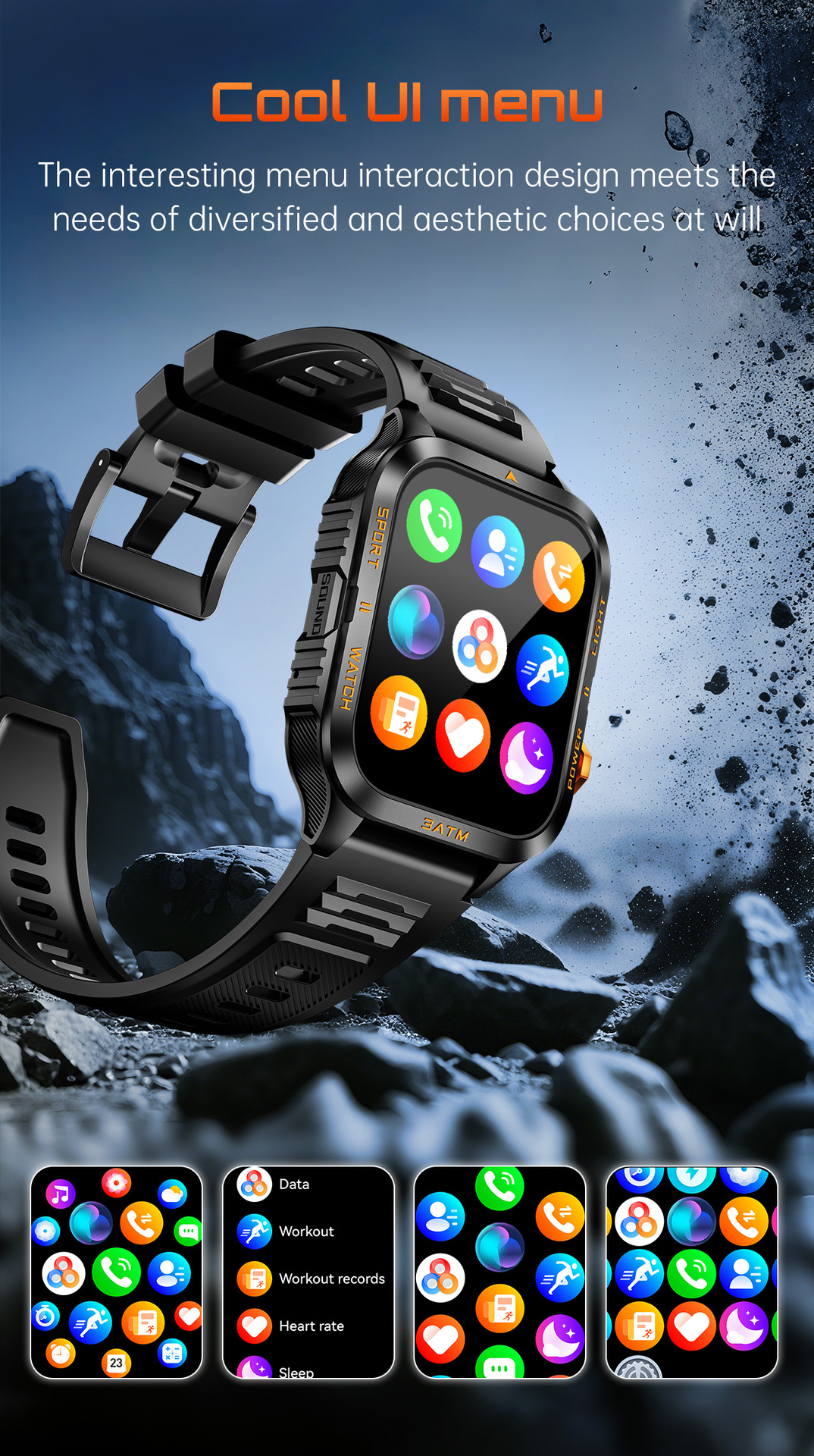 Montre connectée KT89, grand écran 1,96 pouce, appels Bluetooth, lampe torche LED, idéale pour les activités de plein air, style unisexe chic et sportif._voghion.com