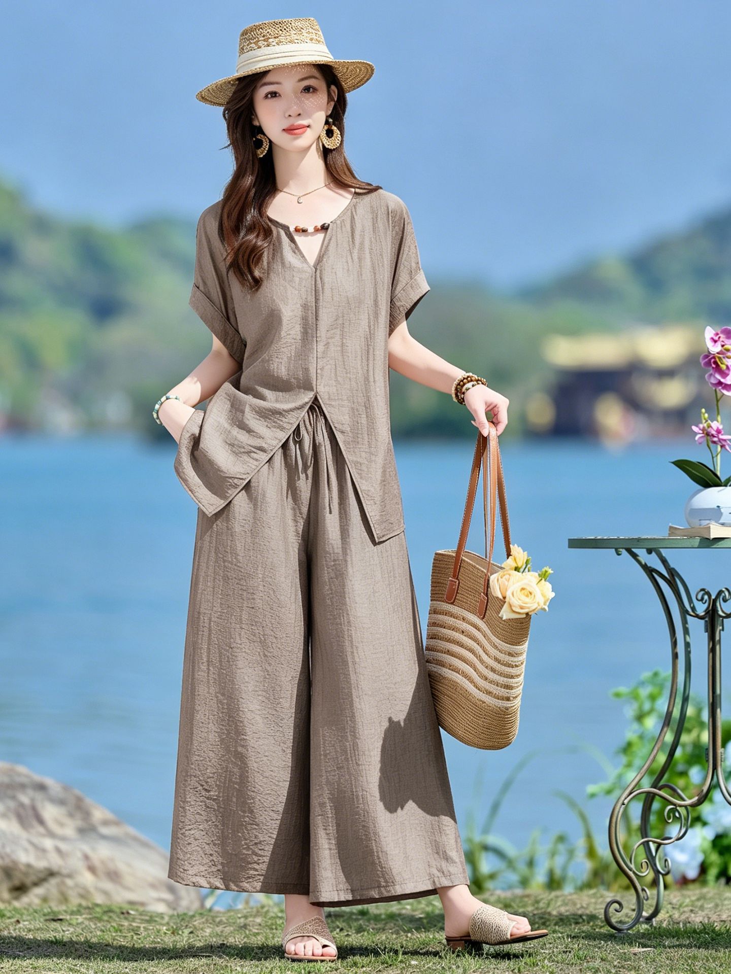 Bộ quần áo nữ hai mảnh gồm áo thun cổ V rộng và quần dài ống rộng phong cách tối giản — Cam đỏ, Màu cà phê nhạt, màu trắng ngà