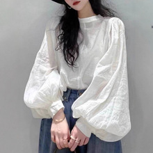 天丝亚麻白色灯笼袖长袖棉麻衬衫女秋季小众洋气泡泡袖防晒上衣秋
