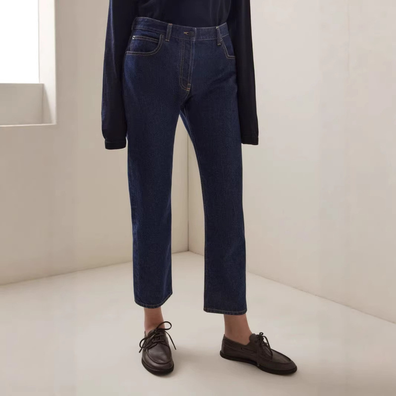 Row Style European Classic Original Dark Blue Jeans, Slim-Fit Straight Leg, 9/10 Length, Non-Stretch, Ankle-Exposing Cigarette Pants, Slimming Effect