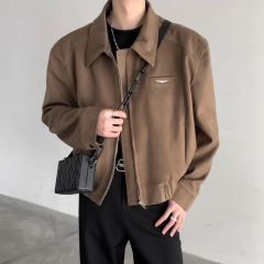翻领短款夹克男春秋季潮牌cleanfit美式高级感百搭纯色棒球服外套