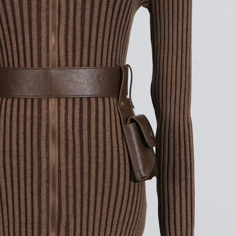 Long Dress Autumn Pocket Belt Design Waist Tight Slimming Knitted Dress Women