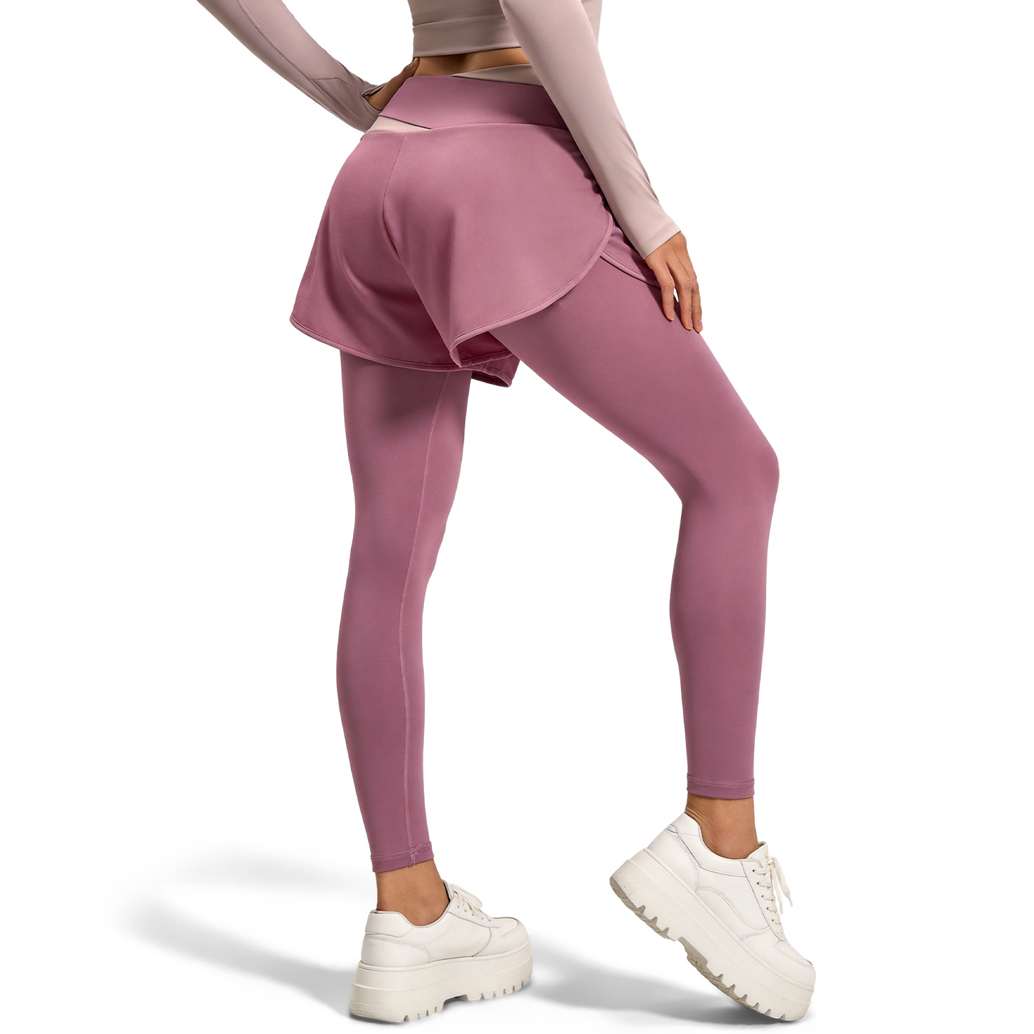 Juyitang falso de dos piezas a juego de color pantalones de yoga elásticos altos anti-exposición correr deportes cintura alta vientre contracción nude pantalones de fitness para mujeres