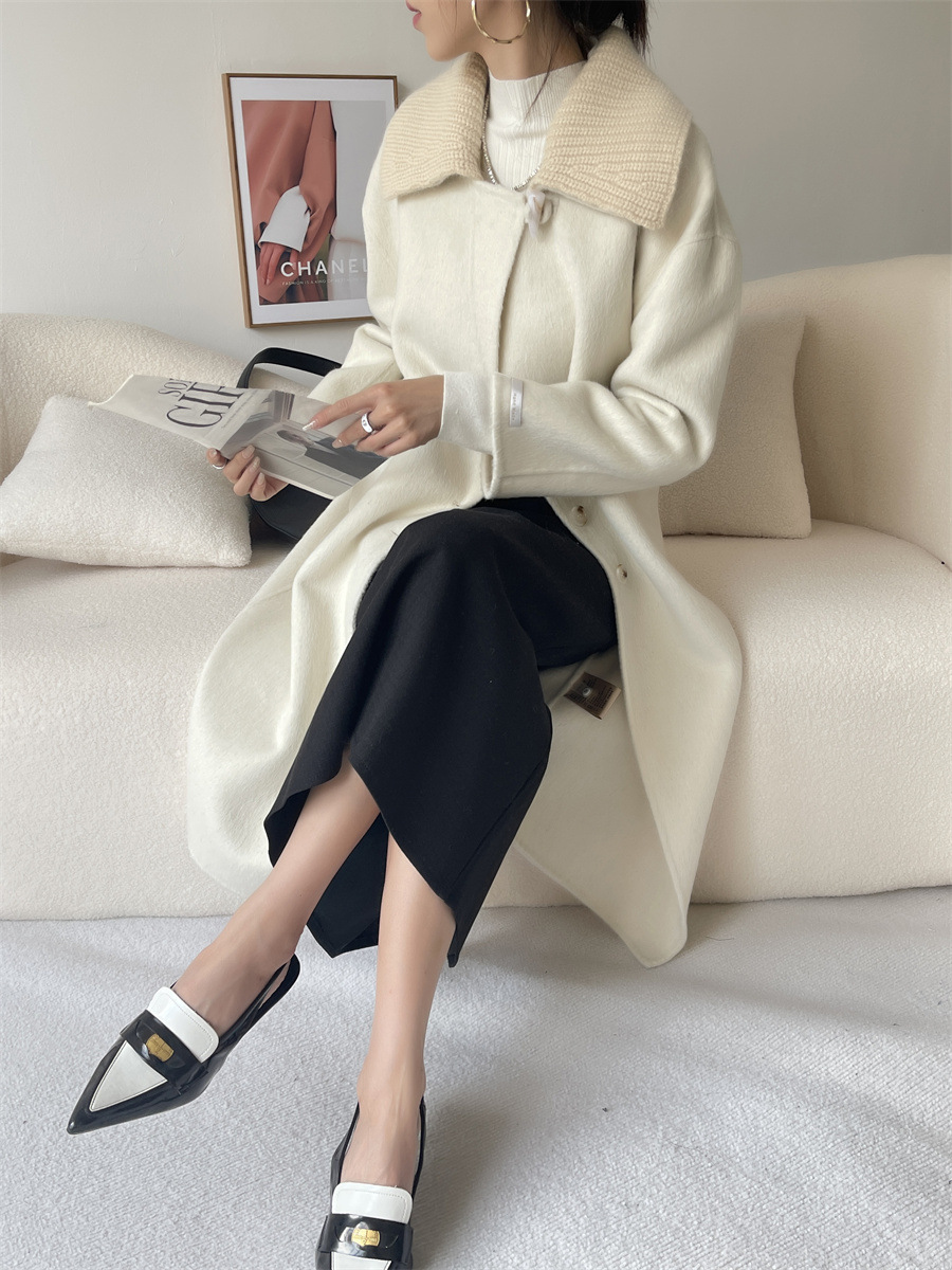 Women's knitted collar long double-sided wool coat style wool coat_voghion.com