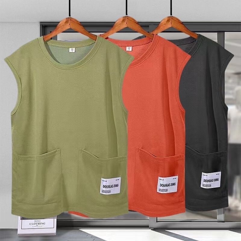 Summer Ice Silk Thin Sleeveless T-Shirt with Pockets for Men, Round Neck Casual Workwear, Large Size Vest Summer Ice Silk Thin Sleeveless T-Shirt with Pockets for Men, Round Neck Casual Workwear, Large Size Vest