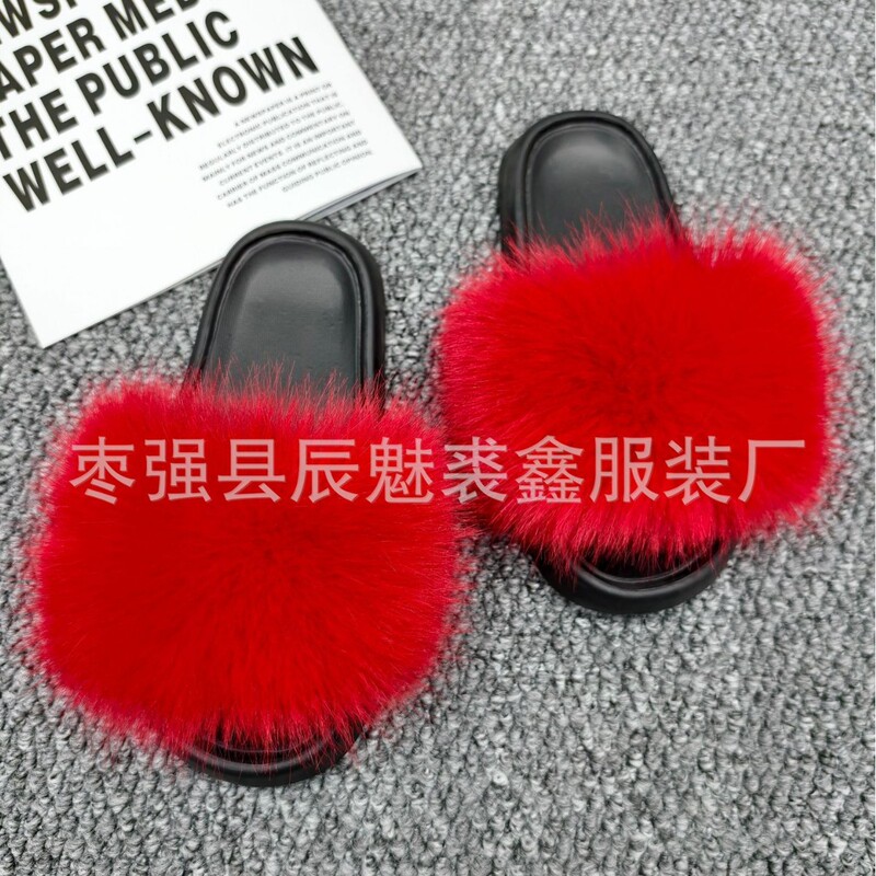 European and American cross-border outdoor furry slippers, the same style as popular with female influencers, fashionable faux fox fur slippers, large size women's sandals, ins European and American cross-border outdoor furry slippers, the same style as popular with female influencers, fashionable faux fox fur slippers, large size women's sandals, ins