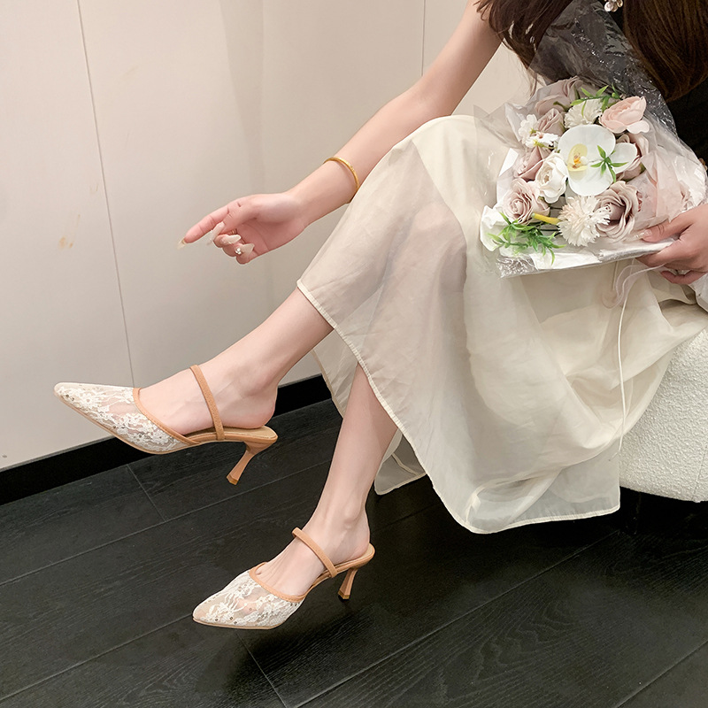 Sandalias de Tacón Fino con Punta de Tela de Malla para Verano