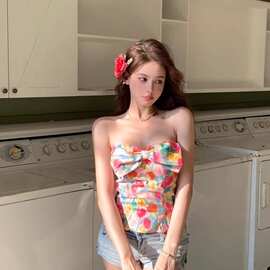 无袖碎花抹胸内搭打底背心吊带女夏季美背蝴蝶结甜辣外穿短款上衣