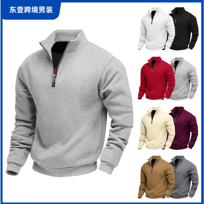 Cross-Border Amazon Multi-Color Autumn and Winter New Men's Half-Zip Plus Velvet American Stand-Up Collar Long-Sleeved Pullover Sweatshirt for Men