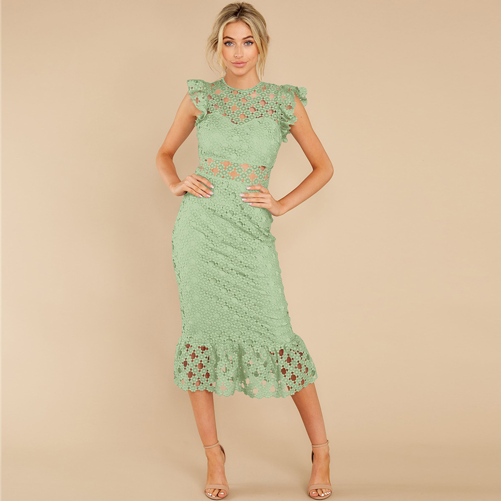 Women's A-line Skirt Fashion Round Neck Lace Short Sleeve Solid Color Maxi Long Dress Holiday Street display picture 1