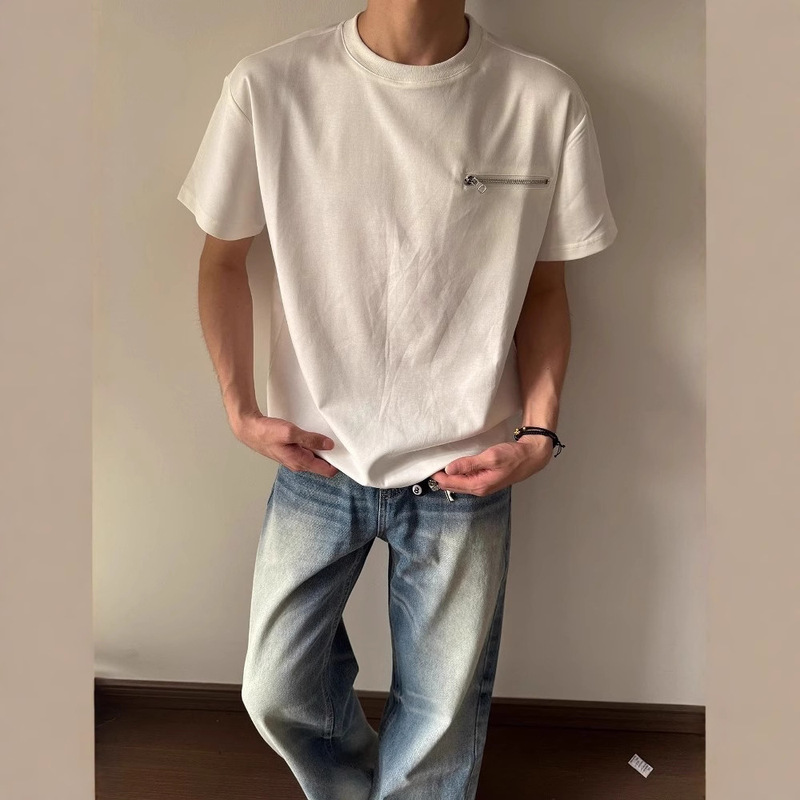 280g Heavyweight American Cleanflt Zipper Short-Sleeved Boys' Design T-Shirt Small Neckline Trendy Brand High Street Half-Sleeve 280g Heavyweight American Cleanflt Zipper Short-Sleeved Boys' Design T-Shirt Small Neckline Trendy Brand High Street Half-Sleeve
